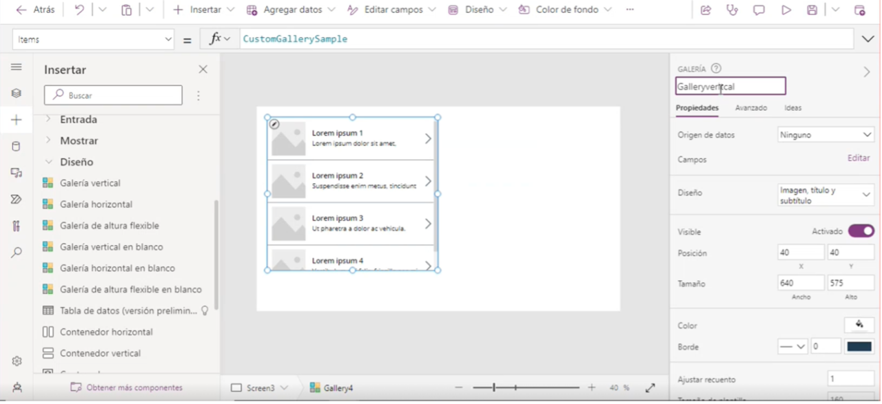 Propiedades de una galería de Power Apps