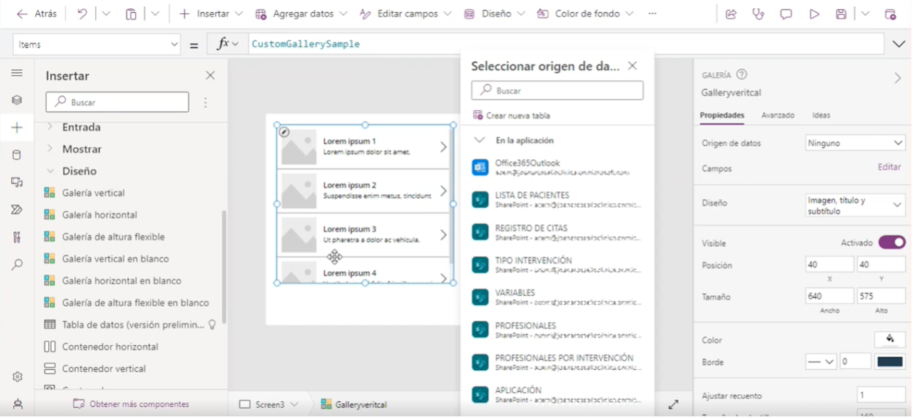 Origen de datos de una galería de Power Apps