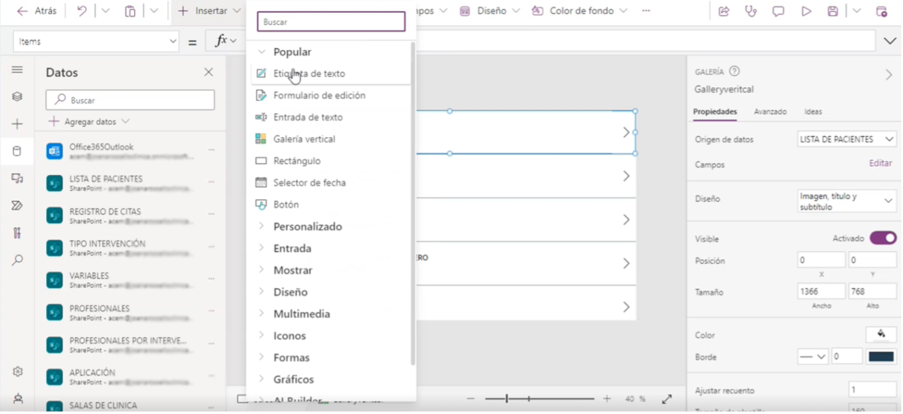 Propiedades de una galería de Power Apps
