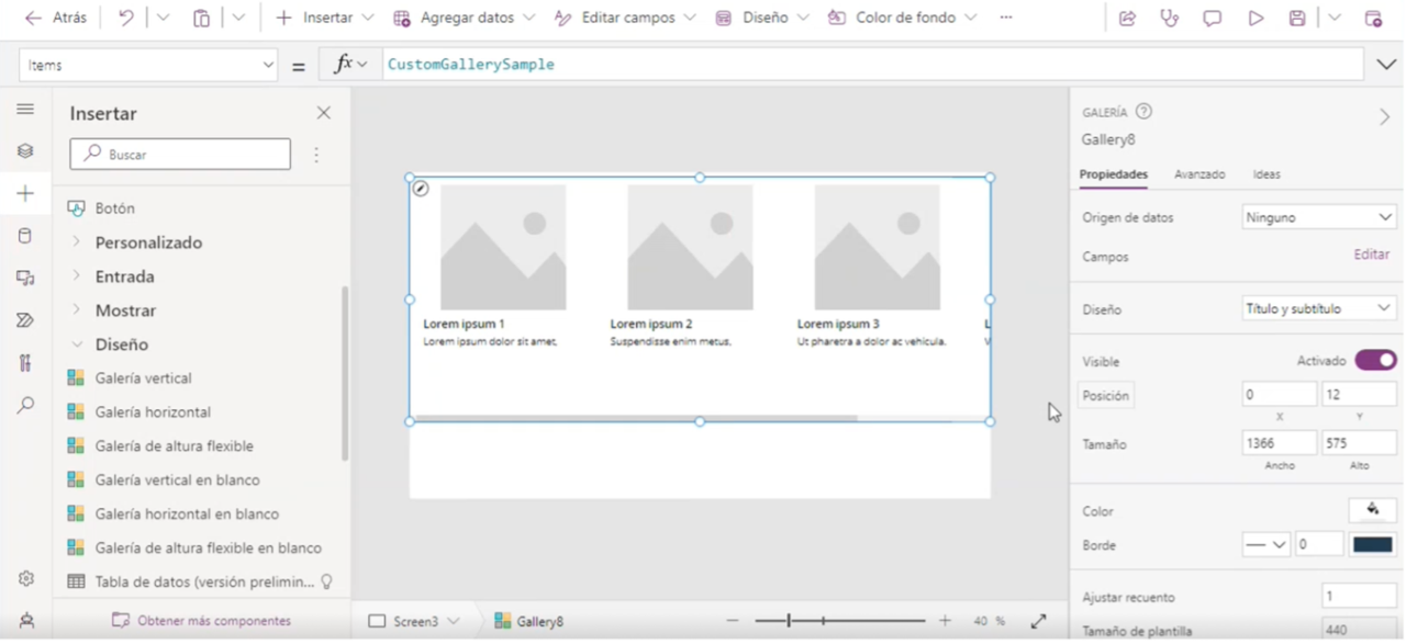 Modelo de galería horizontal de Power Apps