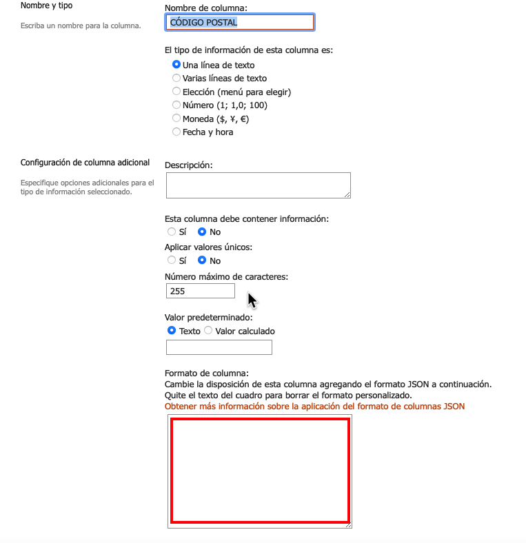 Añadir JSON a columna de Sharepoint Online